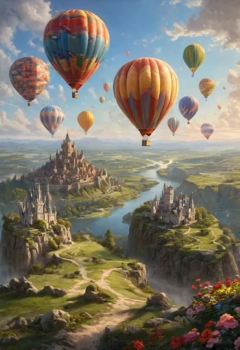 a painting of a castle surrounded by balloons flying over a valley