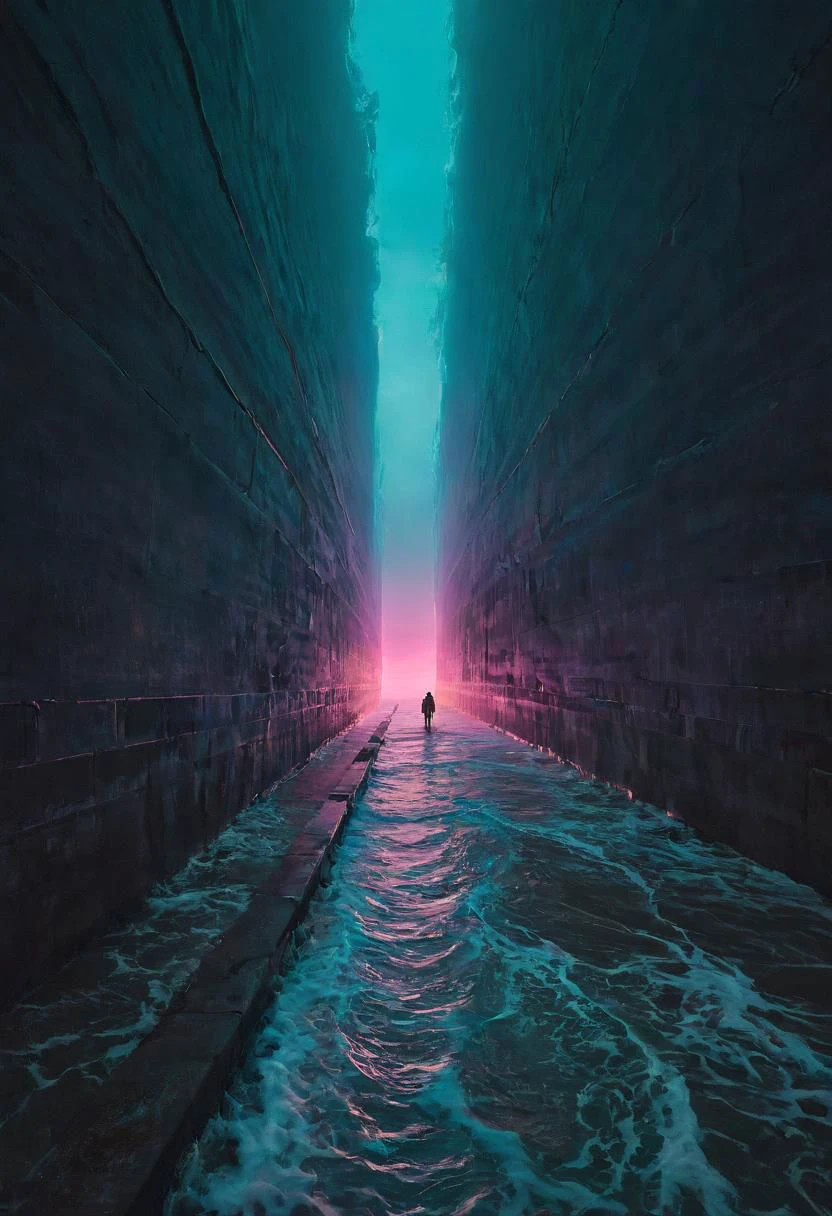 A Scene by Guy ritschie Captures the neon-pastel dystopian casual essence of moses the Moment he relentlessly splits up the sea into two gigantic neon-pastel water column waves and creating a Long path through the water walls, Explore the neon-pastel somber tones and bleak atmosphere in your depiction, emphasizing the eternal struggle and challenge of his plans from a side perspective.