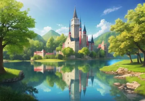 melhor qualidade, castelo medieval da fantasia, cores vibrantes, paleta vermelha e azul, lago com reflexo, floresta ao fundo, obra de arte, melhor qualidade, HDR, alta qualidade, alta definição, CG, extremamente detalhado