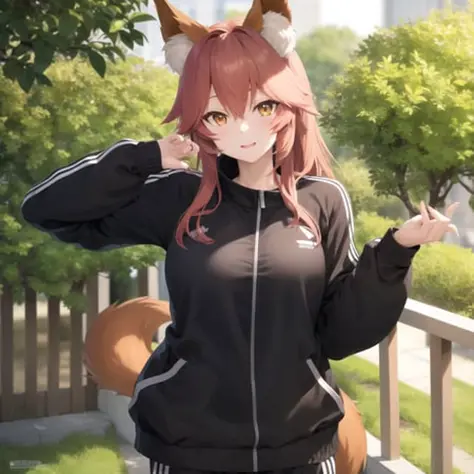 tamamo no mae dressed in an black adidas tracksuit