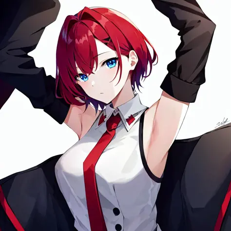 ange katrina,solo,1girl,<lora:ange katrina:0.8>,1girl, solo, ange katrina, virtual youtuber, red hair, white background, blue eyes, shirt, signature, sleeveless, upper body, hair ornament, white shirt, hair intakes, short hair, simple background, arms up, bangs, hairclip, sleeveless shirt, hair behind ear, looking to the side, tying hair, breasts