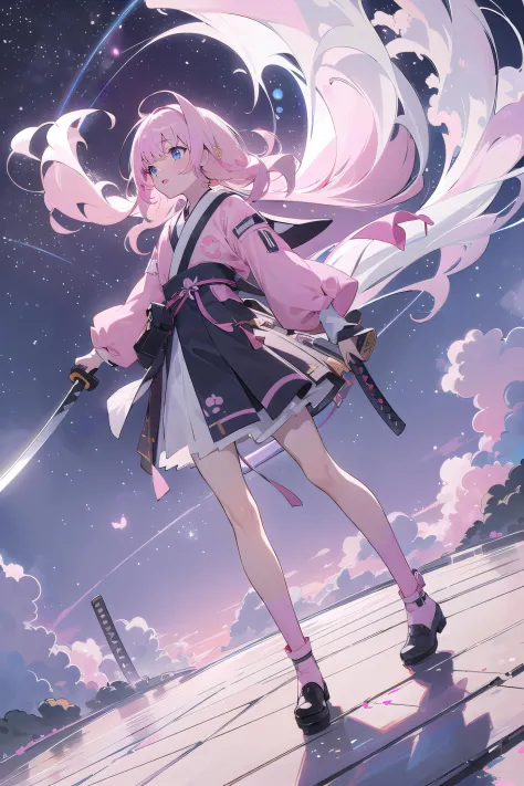 [(pink cloud background:1.5),::5] (isometric:1.0), 1girl, mid shot, full body, cloud waves, light source splashes, sky, light particles, katana \(weapon\), night, starry sky