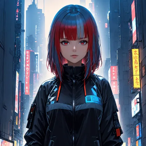 anime a beautiful <lora:empresshacker:1> empresshacker girl in cyberpunk clothes, with eyes of different colors, detailed beautiful blue red hair, in a cyberpunk night city, highly detailed face and eyes, full-length photo, high resolution, masterpiece, detailed, intricate, solo, alone, muted colors, high detail, best quality, best shadow, very aesthetic, highest quality, 8k