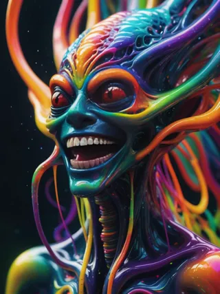 Psychedelic style impossibly beautiful portrait of a semi-translucent alien shapeshifter entity, insane smile, intricate complex...