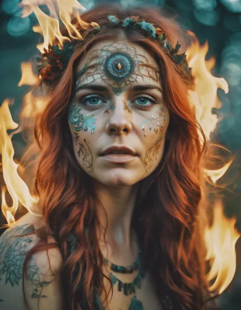 photograph, surreal, Flaming burly Bohemian Girl, at Overcast, [stylized by Carne Griffiths| (Pendleton Ward:1.2) ], insane deta...