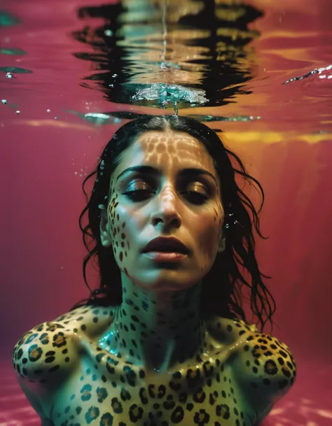 [art by Todd Hido and John Hoyland::19], photograph, ground level shot of a Pakistani (Woman:1.2) , Underwater, feeling very mel...