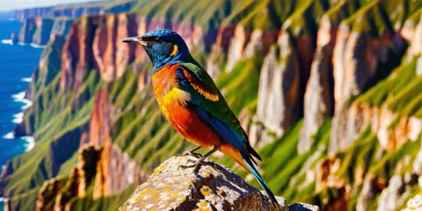 Colorful birds descend the steep cliffs, they zoom by us. (A sleek bird is in the foreground closeup to us).
