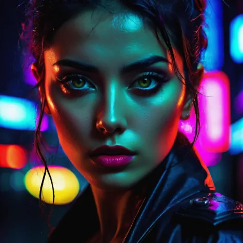 Neon noir A RAW cinematic style photograph of a beautiful 28yo [Italian] woman. Long eyelashes, [tiger eyes], (looking into the ...