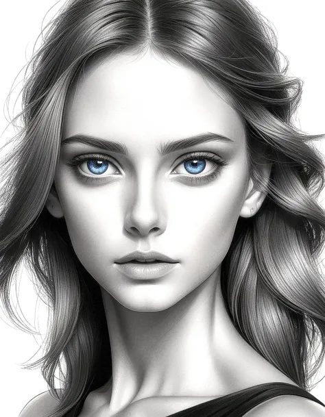 pencil sketch, asymmetrical, supermodel posing, 8k hdr, high quality, (vibrant blue eyes:1.5), monochrome,
