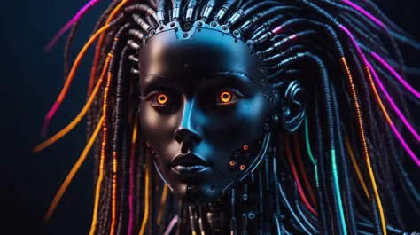 cinematic film still A RAW photo of a beautiful robotic woman made of hi tech materials, multi color neon dreadlocks, (robotic e...