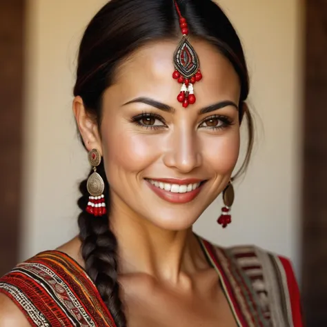 Tribal style A RAW photograph of a beautiful 31yo woman. realistic facial details, Sexy, [exotic], [sarcastic smile], Long eyela...