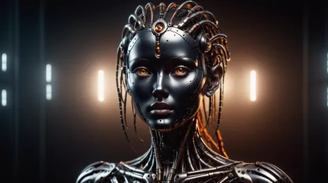 Tilt-shift photo of cinematic film still A RAW photo of a (insect like) robotic woman made of hi tech materials, [multi color ne...