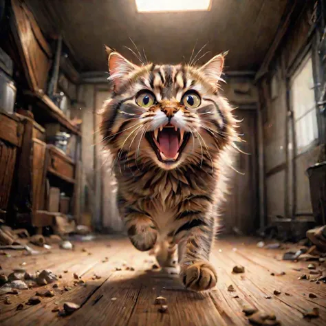 happy syberian cat attacking camera, realistic photo, <lora:LCM_LoRA_Weights:0.65>, high quality,  SimplePositiveXLv2, masterpie...