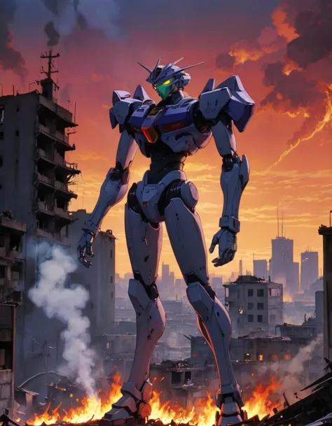 ฉากจากเรื่อง Neon Genesis Evangelion, หุ่นยนต์ยืนอยู่ในเมืองที่พังทลาย, ควัน, เปลวไฟ, พระอาทิตย์ตก  