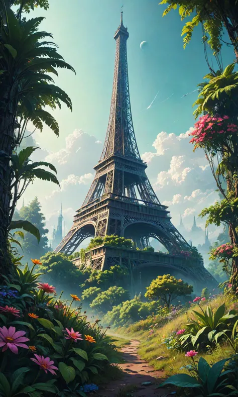 Masterpiece, A wonderful realistic fantasy landscape of a fantasy world full of mythical plants and flowers, dramatic lighting, ...