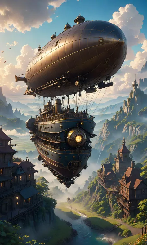 A breathtaking movie scene with a large steampunk airship flying through a beautiful fantasy landscape, dramatic lighting and co...
