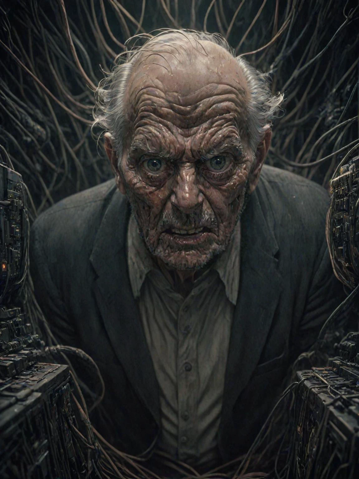 analog film photo an angry old man, looking at the viewer, in a dark room full of wires and computers. intricate, elegant, highly detailed, digital painting, artstation, concept art, sharp focus, illustration, by justin gerard and artgerm, 8 k. unreal engine. art byames gurney and laurie greasley, very coherent symmetrical artwork. cinematic, hyper realism  Cybperunk Style, [prompt] dramatic lighting, faded film, desaturated, 35mm photo, grainy, vignette, vintage, Kodachrome, Lomography, stained, highly detailed, found footage