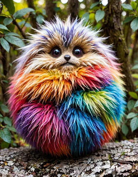 award winning photograph, colorful spherical furry fluffy soft fuzzy arboreal cryptid, adorable, cute, round, spherical, tiny [:...
