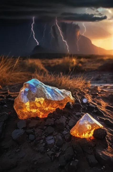 (Introduce quality iteratively))((large glowing transparent natural mineral, mystic light inside, sunbeam,  sunset, lightnings, ...