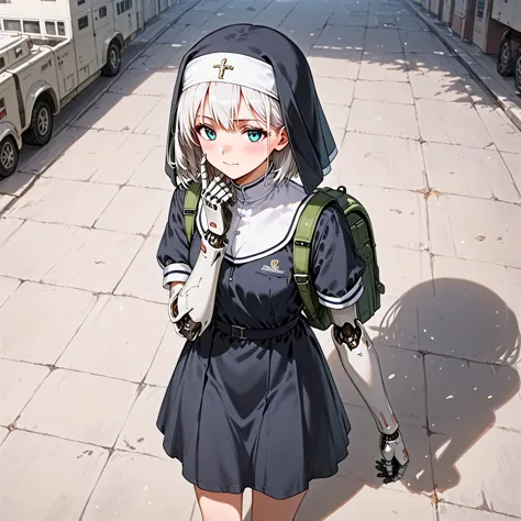 anime girl in a nun outfit walking down a street with a backpack