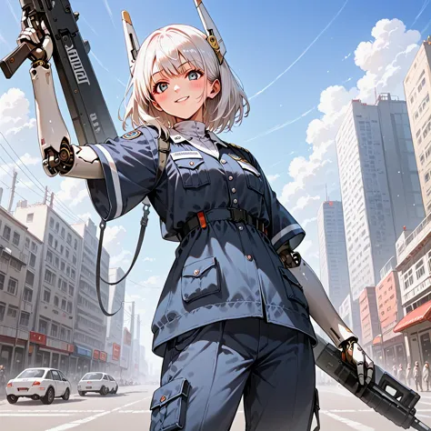 anime girl with a gun in a city street