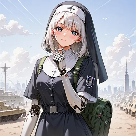 anime girl with a backpack and a nun nun holding a gun