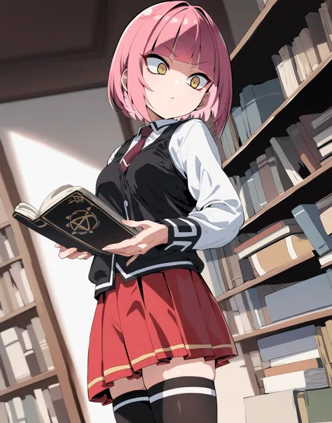 score_9, score_8_up, score_7_up,score_6_up, a girl in a library, dutch angle, standing, reading a book, bowl_cut, pink hair, blu...