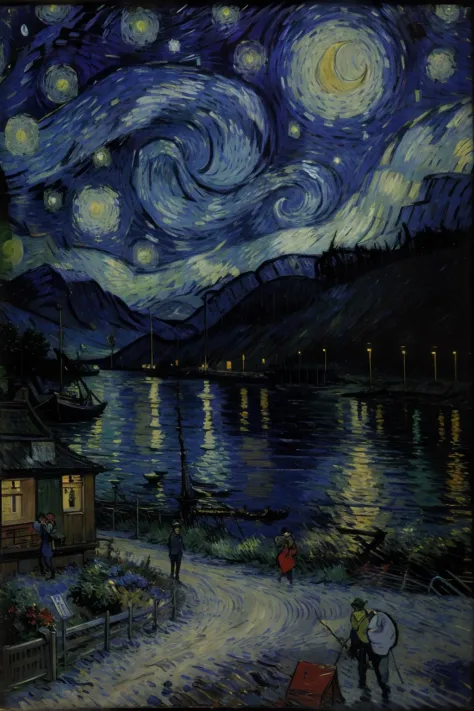 Starry Night meets Neon Lights: Van Gogh in a Cyberpunk Cityscape, VincentWillemvanGogh,  <lora:Vincent Willem van Gogh style:1>