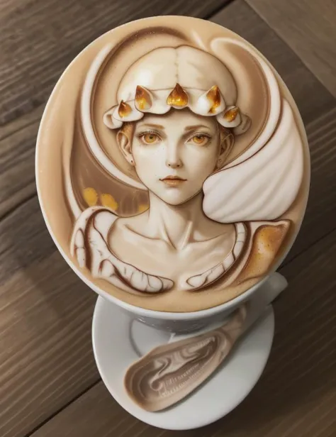 a close up of a cup of coffee with a woman on it