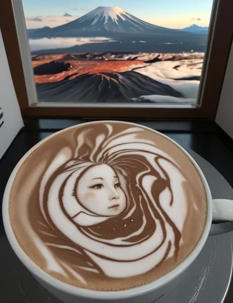 LatteArt, Tundra Window,Rooftop Garden,Volcanic Mountain, 8K, <lora:LatteArt:0.8> LatteArt