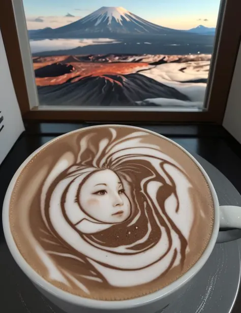 LatteArt, Janela Tundra,Jardim de telhado,montanha vulcânica, 8K, LatteArt