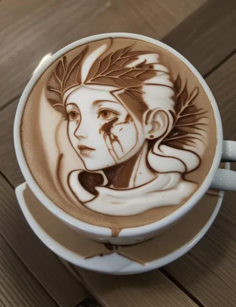 there is a cup of coffee with a drawing of a woman on it