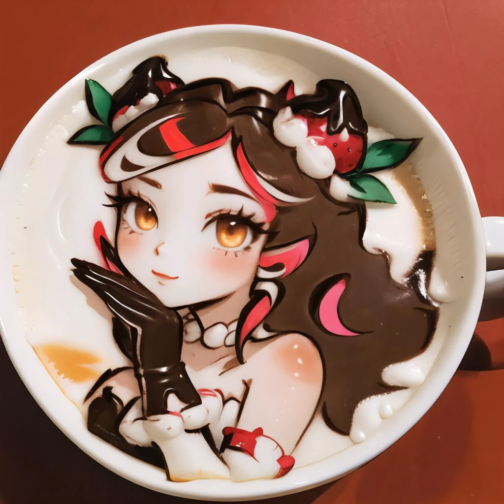 altamente detalhado, alta qualidade, Obra de arte, lindo, LatteArt, 1 garota, Sugar Rush Evelynn, vestido sem alças, luvas, chocolate no corpo, enfeite de cabelo de morango, cabelo multicolorido, 