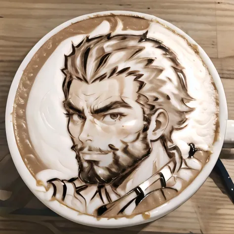 a close up of a coffee with a drawing of a man on it