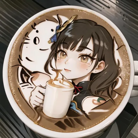 sehr detailliert, gute Qualität, Meisterwerk, Schön, Kaffee, latte, LatteArt, latte art, Lebensmittelkunst, 1 Mädchen, Raiden_Shogun_\(Genshin-Einfluss\), Raiden_Shogun:1.2, lange Haare, 