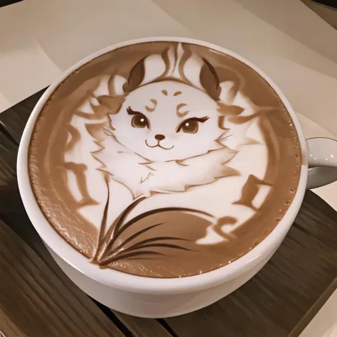 Altamente detalhado, alta qualidade, obra de arte, lindo, café, café com leite, LatteArt, café com leite art, arte alimentar, 1 garota, Yaemikofox, sem humanos, 