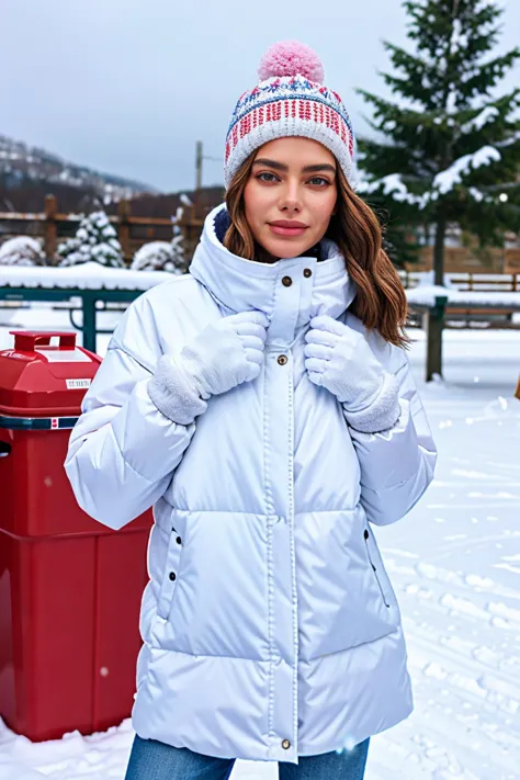 araffe woman in a white jacket and hat standing in the snow