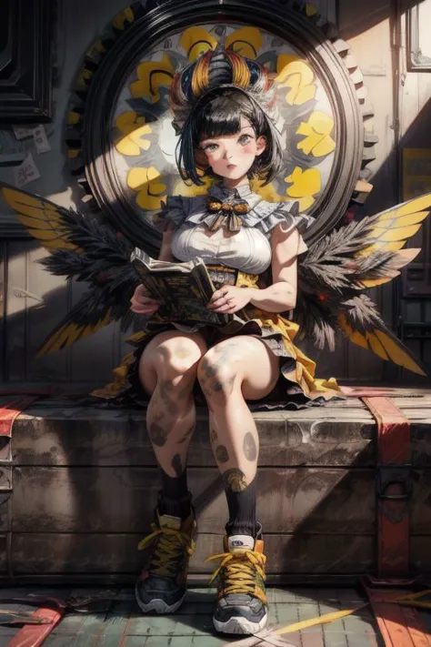 Bright Yellow punk artwork masterpiece, best quality, high quality, dark skinned woman, freckles, dieselpunk crown, black Hair, freckles, pastell yellow Classic Long ruffled dress, White Sneaker, detailed background, ghost in the Shell 1995 Cover Design, Holding huge final Fantasy sword, vivid, key visual, vibrant, highly detailed