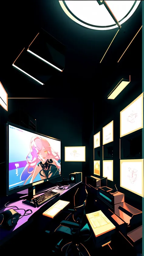 there is a computer desk with a monitor and keyboard in a dark room