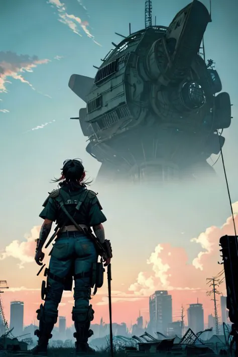 a man standing in front of a giant ship in the sky