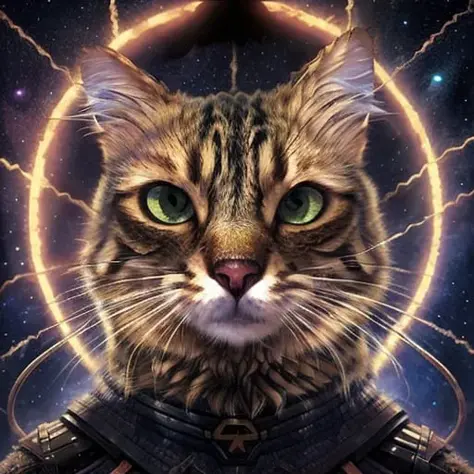 <lora:Maverick:1> cat staring holding a laser gun and staring in the movie: "(Guardians of the Galaxy:1.1)" (2014), movie poster...