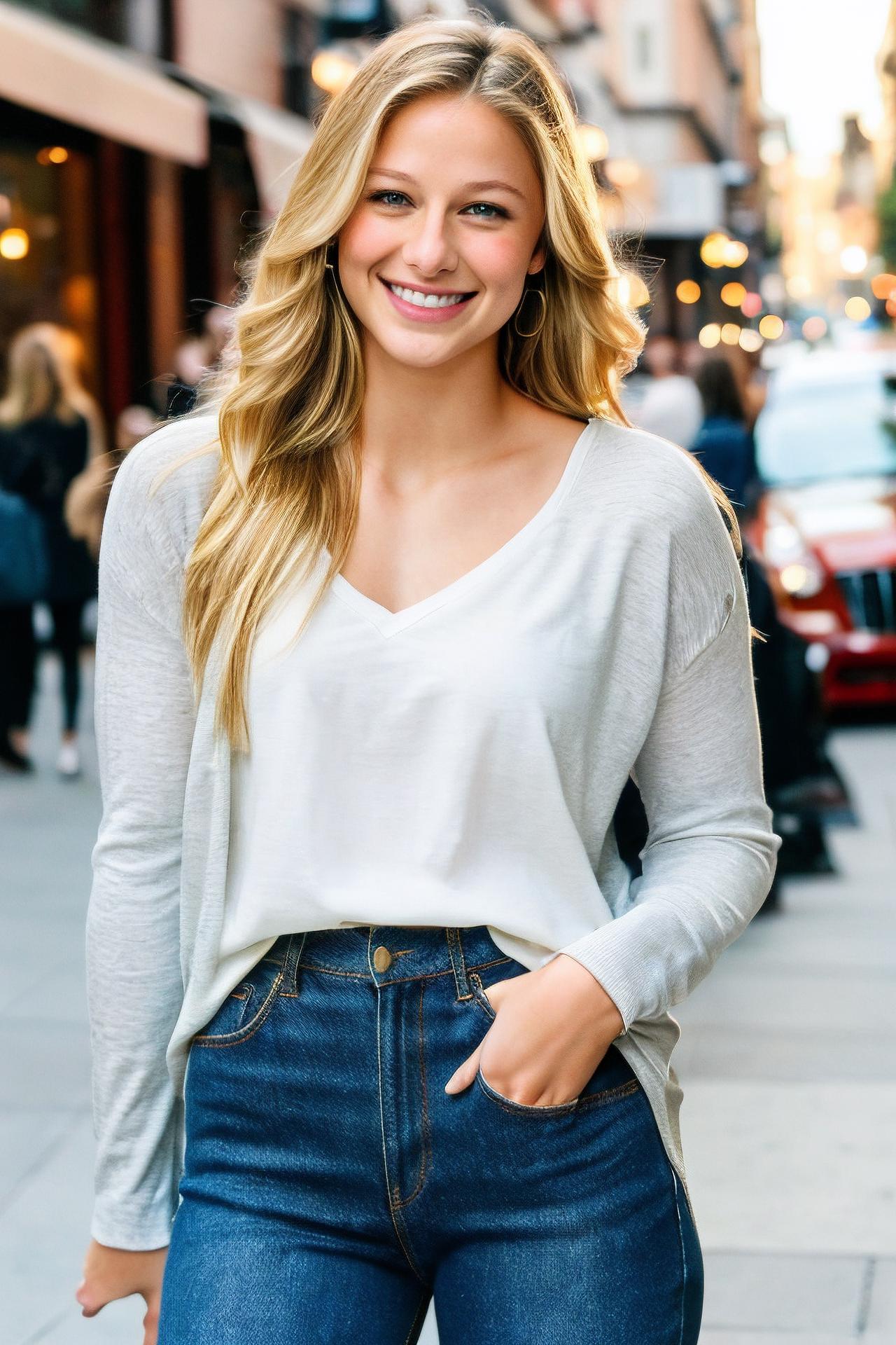 A woman in jeans and a white top smiles while walking down the street -  SeaArt AI