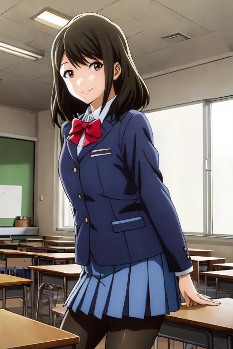 (masterpiece, best quality:1.2), highres, anime screencap, anime coloring, 1girl, solo, smile, 
Akane_Mizuno_V1, black hair, brown hair, medium hair, bangs, brown eyes, 
school uniform, blue jacket, long sleeves, white shirt, collared shirt, red bow, blue skirt, pleated skirt, black legwear, pantyhose, sneakers, 
indoors, school, classroom, looking at viewer, facing viewer, 
