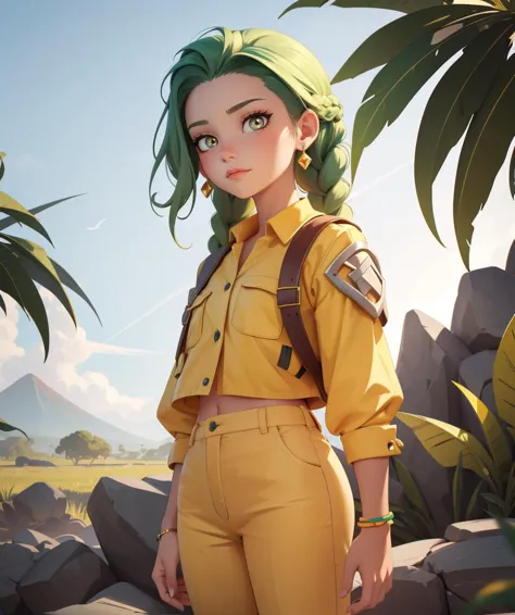 (best quality, masterpiece:1.1), SFW, 1 Girl, (Mauritian:1.2), (green french braid hairstyle), yellow trousers, spinel jewelry, Hauberk accents, glowing pupils, dark grey eyes, peaceful expression, savanna background, flat colors, cel shading, hard shadows,