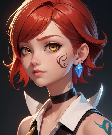 (masterpiece), (best quality), (vibrant light colors), Super Detail, 1girl, bangs, white choker, red hair, collar, earrings, (glowing eyes:0.5), short hair, looking at viewer, yellow eyes, portrait, shiny hair, tattoo, (league of legends)