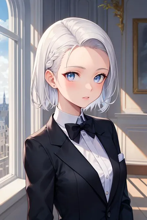 anime girl in a tuxedo standing in front of a window