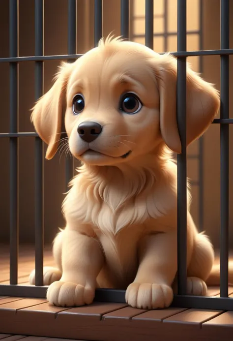 Masterpiece pixar nickelodeon cartoon of ((a cute retriever puppy, fluffy)), puppy in a cage (behind bars), sadness, hope, digital painting, artstation, concept art, sharp focus, illustration, volumetric lighting, epic Composition, 8k, oil painting, cgsociety