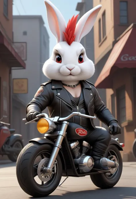cartoon of (a badass rebel rabbit dressed as a biker gang, leather jacket, mohawk:2.5), looking at viewer, symmetrical, chromati...