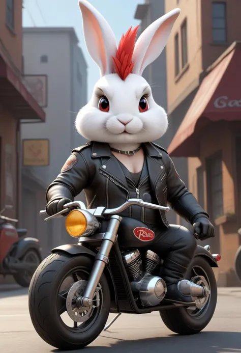 dessin animé de (un lapin rebelle badass habillé en motard, veste de cuir, mohawk:2.5), regarder le spectateur, Symétrique, fantaisie chromatique, très détaillé, 8k, peinture numérique, peinture à l&#39;huile, illustration, art conceptuel, netteté, éclairage volumétrique, composition épique, société cg, Station artistique