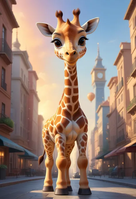 pixar disney cartoon of (a cute baby giraffe in a big city :1.2), looking at viewer, symmetrical, chromatic fantasy, highly deta...